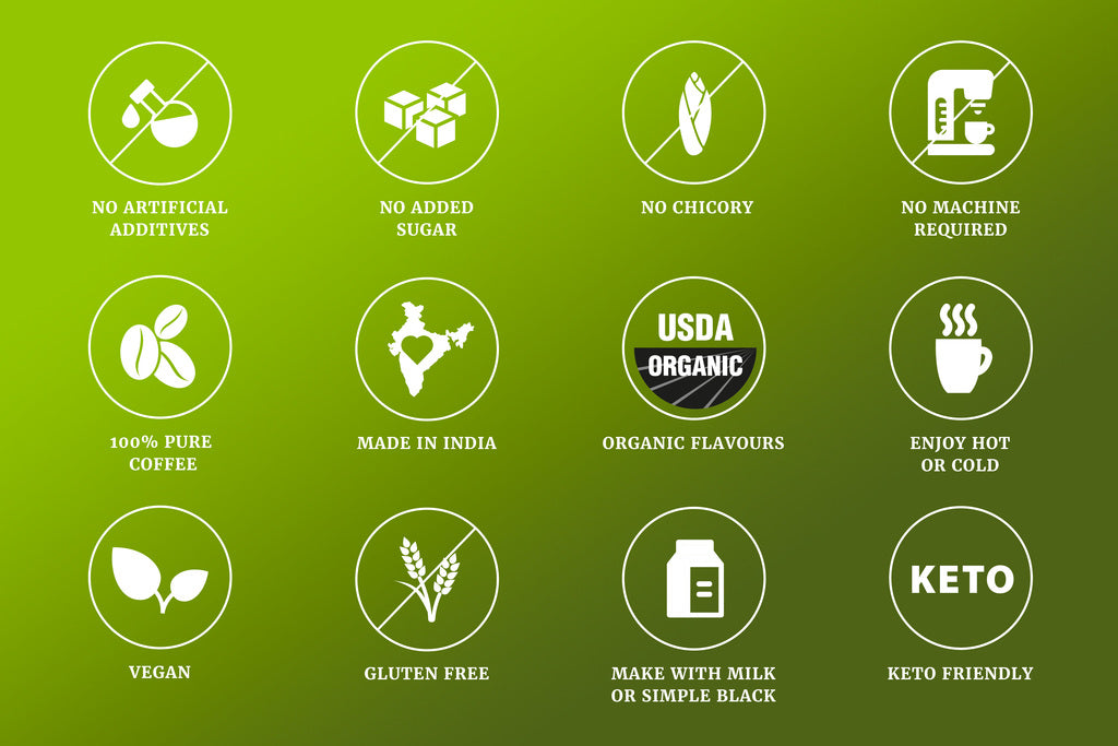 Impulse Coffees KACCHA AAM Premium Instant Coffee product features No artificial additives, no added sugar, organic flavors, keto-friendly, vegan, and gluten-free.