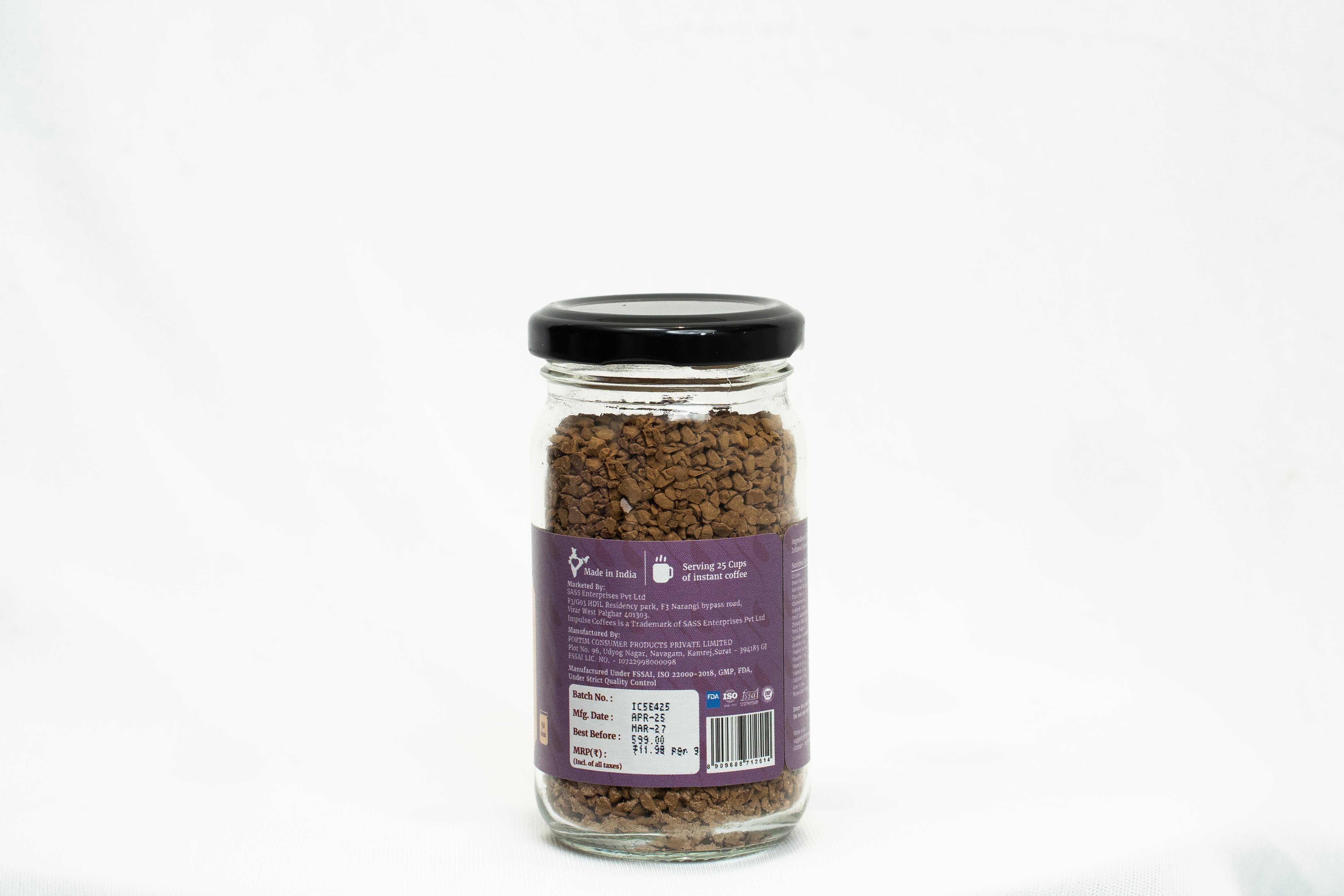 Impulse Coffees Raat Ki Rani Espresso gourmet instant coffee jar featuring the barcode and the label with mfg and batch details