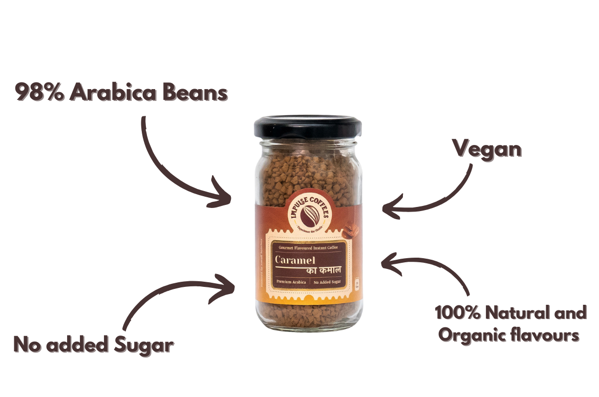 Jar of Caramel Ka Kamal 50gms Coffee with text highlighting features on a white background
