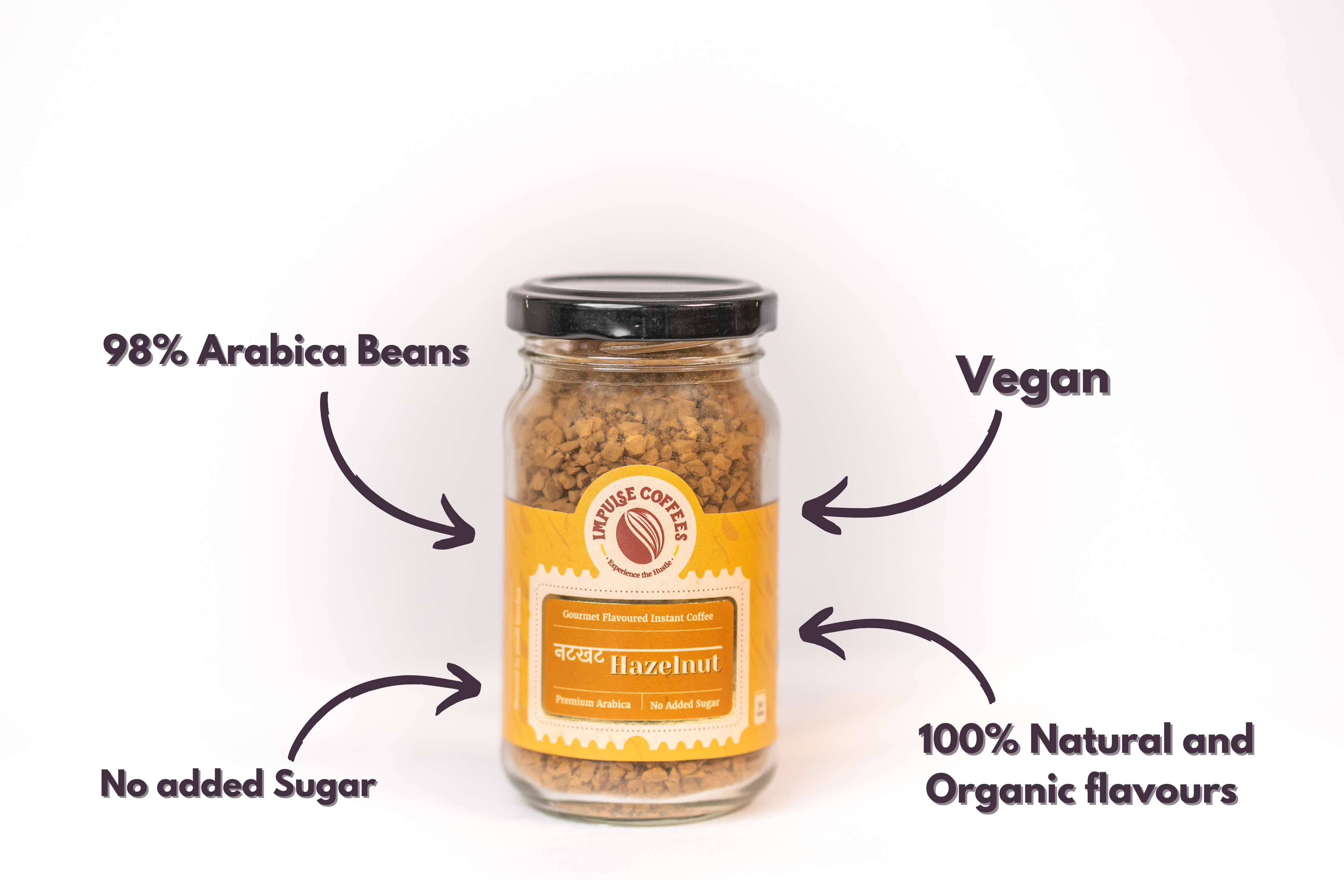 Jar of 50gms nutkhat hazelnut coffee with certification labels on a white background