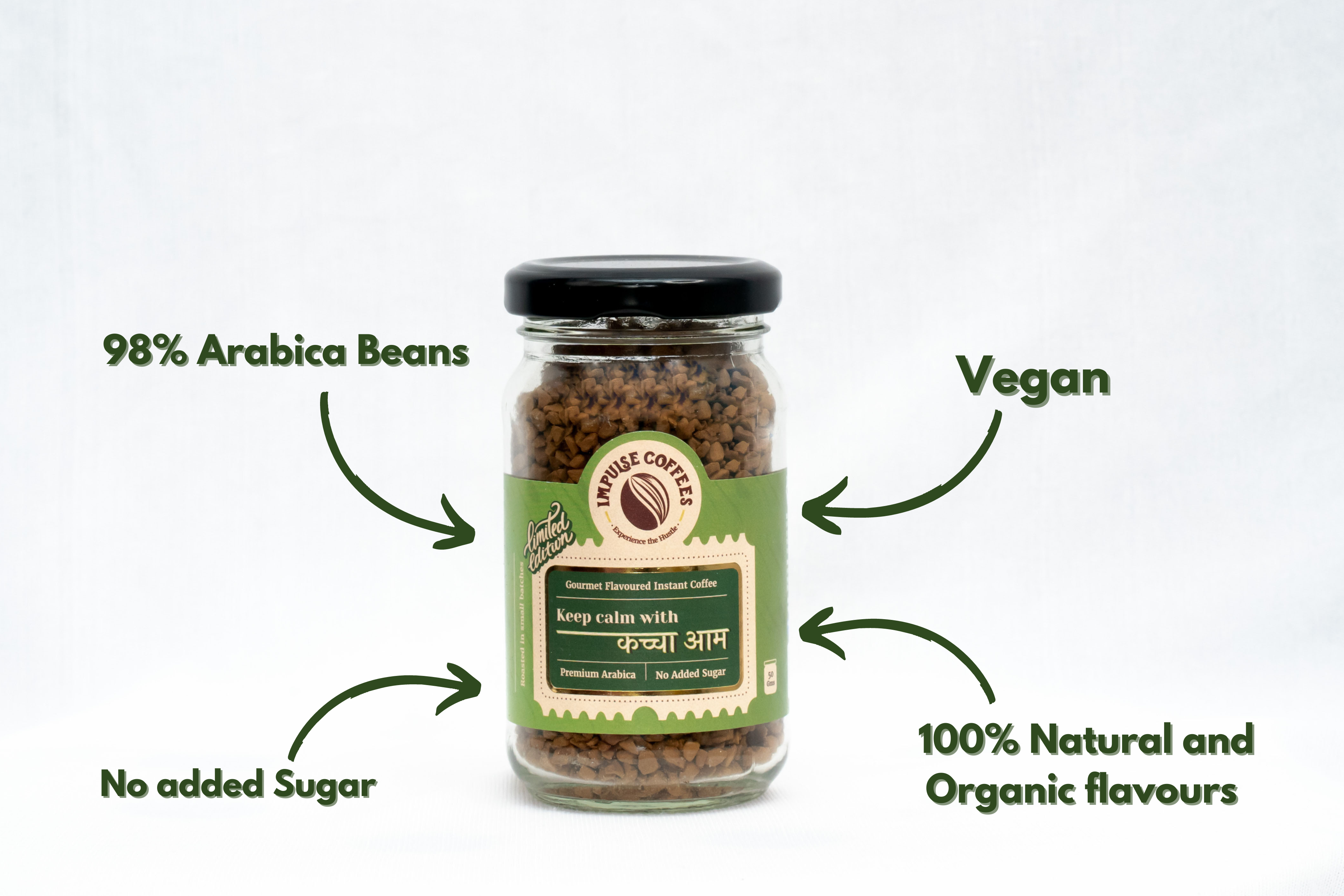 Impulse Coffees KACCHA AAM Premium Instant Coffee gourmet instant coffee jar infographic highlighting 98% Arabica beans, vegan ingredients, no added sugar, and 100% natural organic flavors.