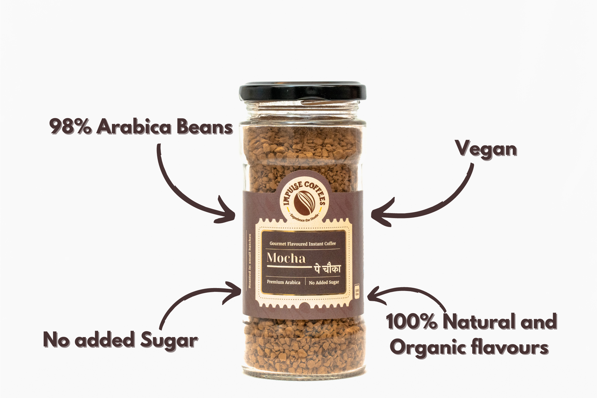 Mocha pe Chauka Powder Premium - 100gms gourmet instant coffee jar infographic highlighting 98% Arabica beans, vegan ingredients, no added sugar, and 100% natural organic flavors.