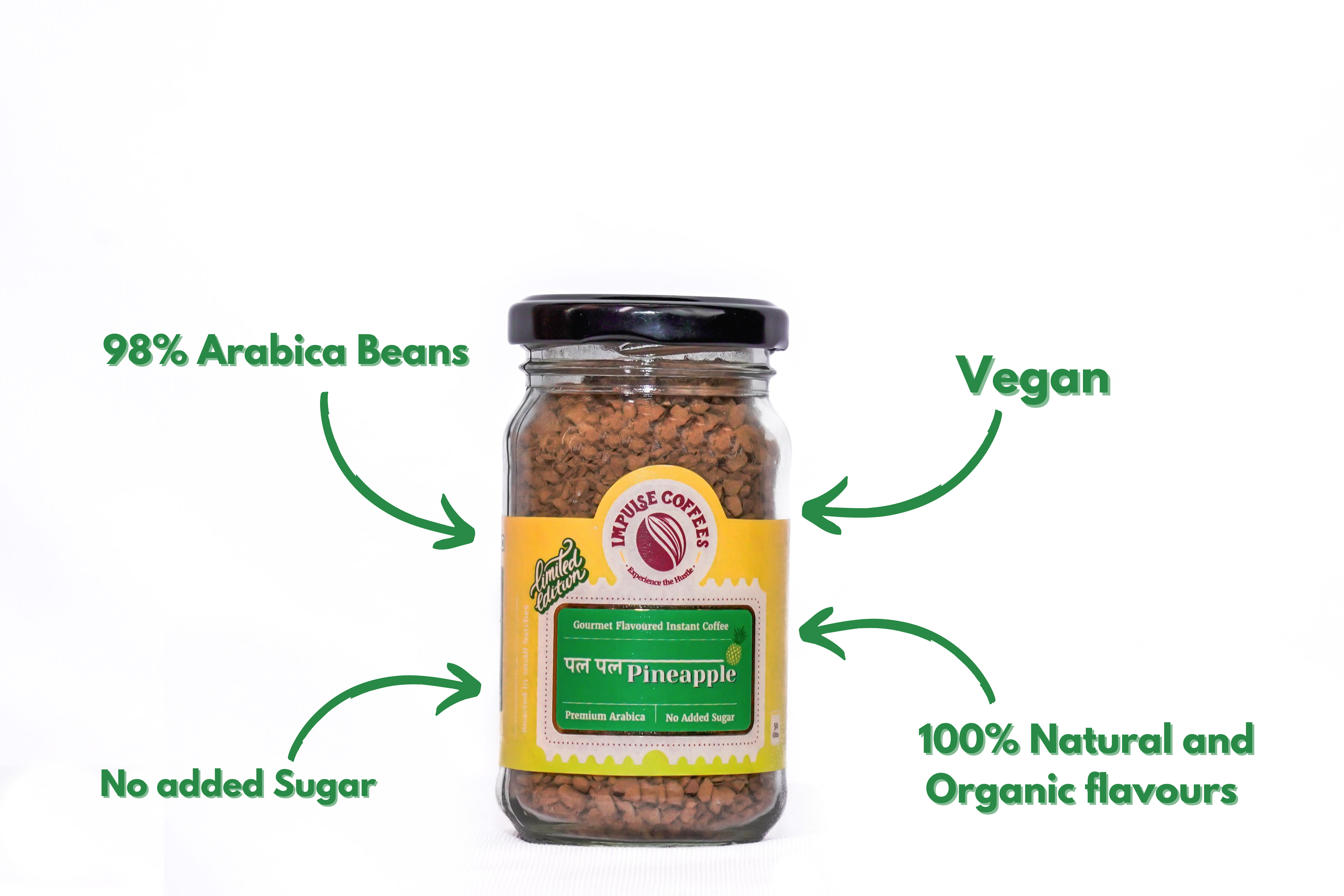 50g jar of Impulse Coffees Pal Pal Pineapple premium Arabica instant coffee with 100% natural and organic flavors.