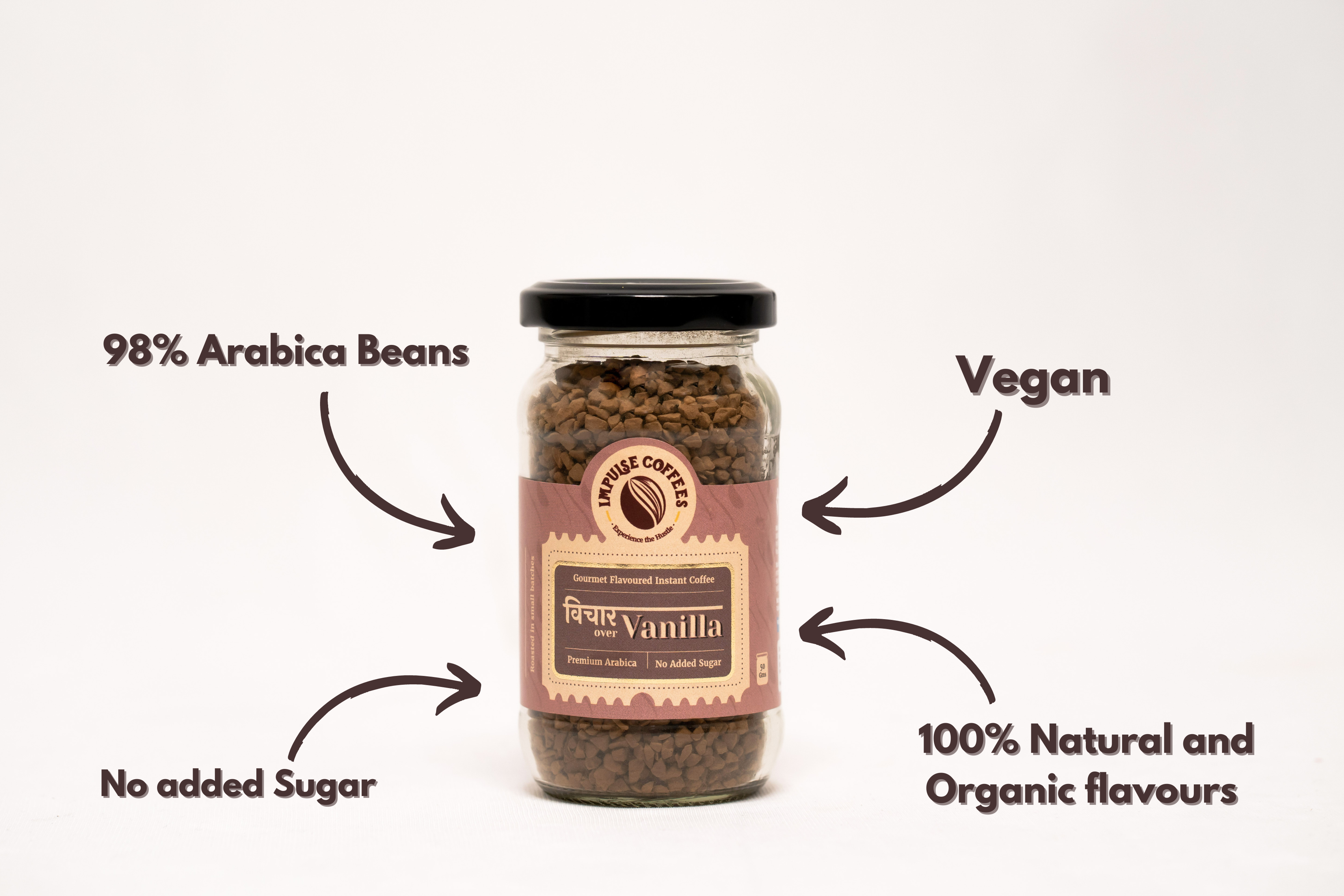 Vichaar over Vanilla 50g instant coffee jar infographic highlighting 98% Arabica beans, vegan ingredients, no added sugar, and 100% natural organic flavors.