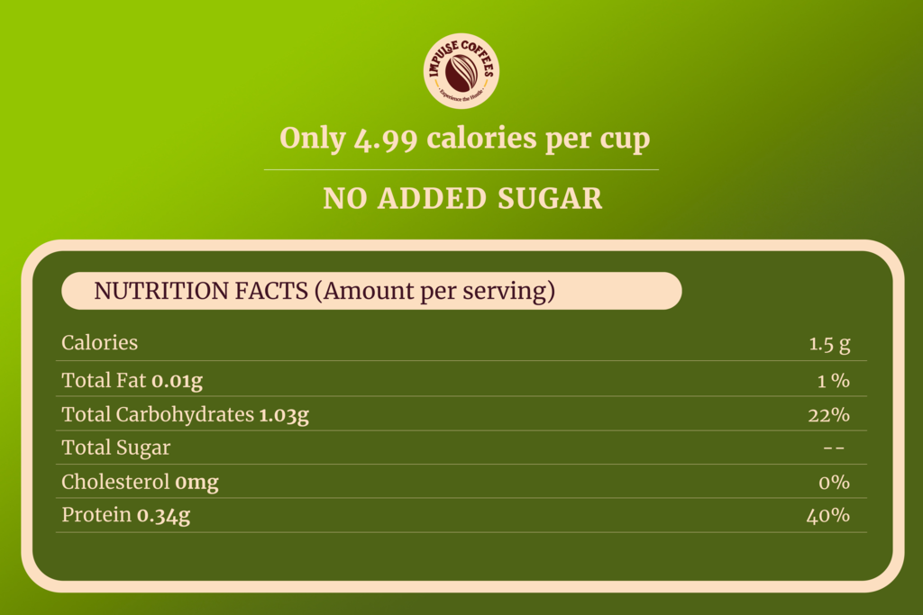 KACCHA AAM Premium Instant Coffee showing all the nutrition facts of 4.99 calories per cup.
