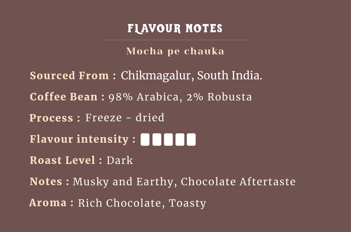 Impulse Coffees 'Mocha pe chauka' flavor notes Sourced from Chikmagalur, South India, featuring 98% Arabica beans, dark roast level, and musky, earthy chocolate aroma.