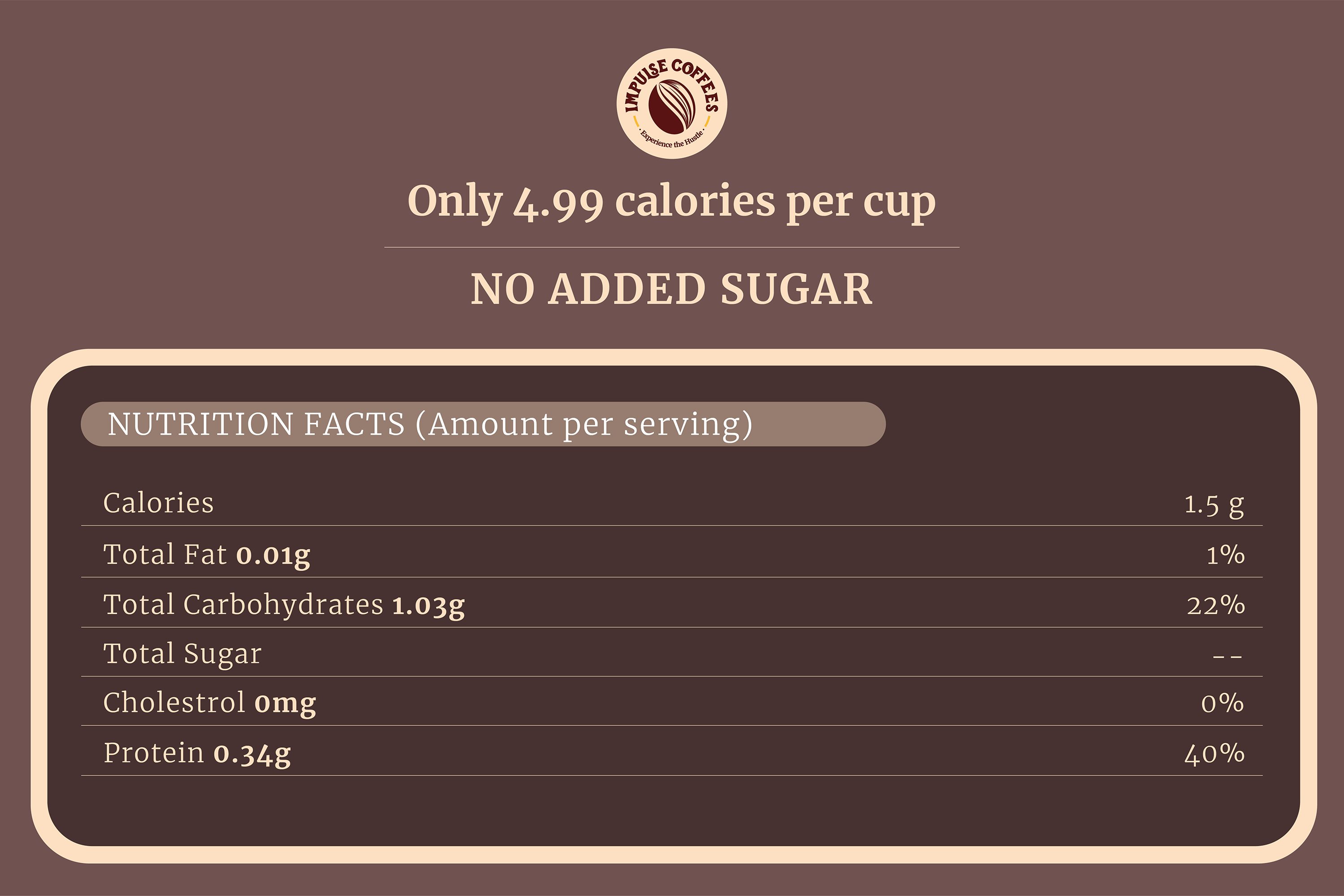 Mocha pe Chauka Instant Coffee Powder - 100 gms by Impulse Coffees nutrition facts label showing only 4.99 calories per cup, no added sugar, and keto-friendly low carb profile.