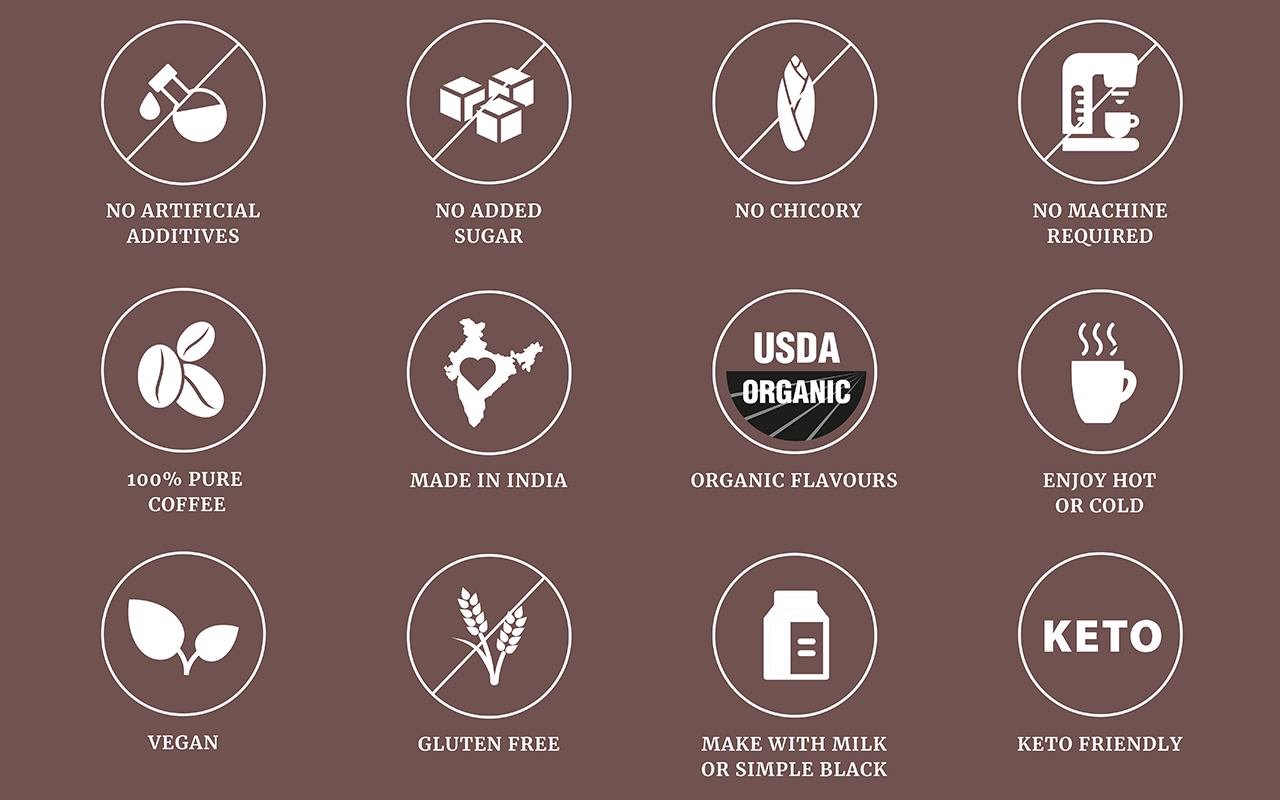 Impulse Coffees Mocha pe Chauka Instant Coffee Powder - 100 gms Premium Instant Coffee product features No artificial additives, no added sugar, organic flavors, keto-friendly, vegan, and gluten-free.
