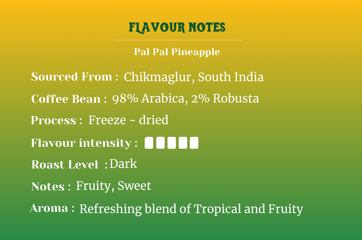 Impulse Coffees 'Pal Pal Pineapple 50 gms Premium Instant Coffee' flavor notes Sourced from Chikmagalur, South India, featuring 98% Arabica beans, dark roast level, and fruity, sweet pineapple aroma.