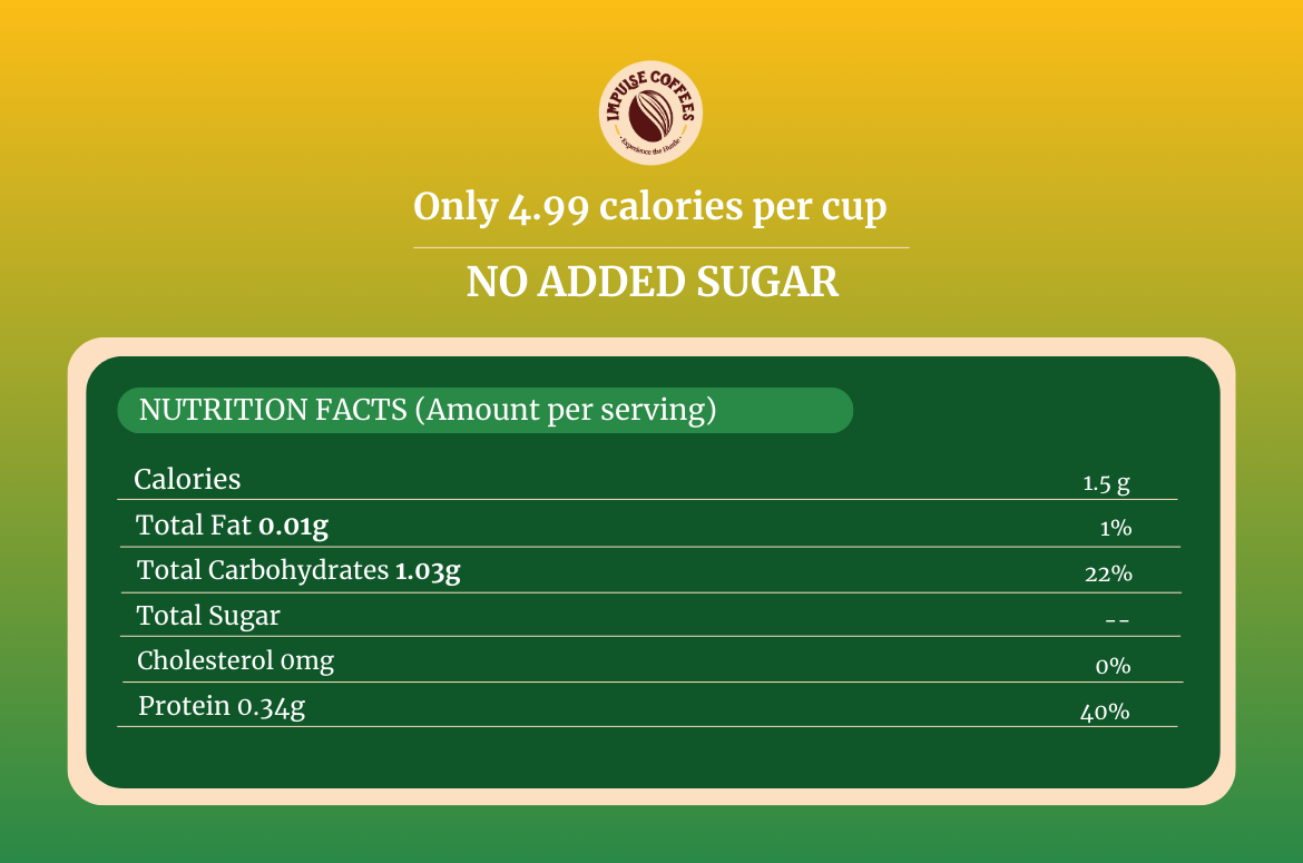 Pineapple-coffee by Impulse Coffees nutrition facts label showing only 4.99 calories per cup, no added sugar, and keto-friendly low carb profile. 