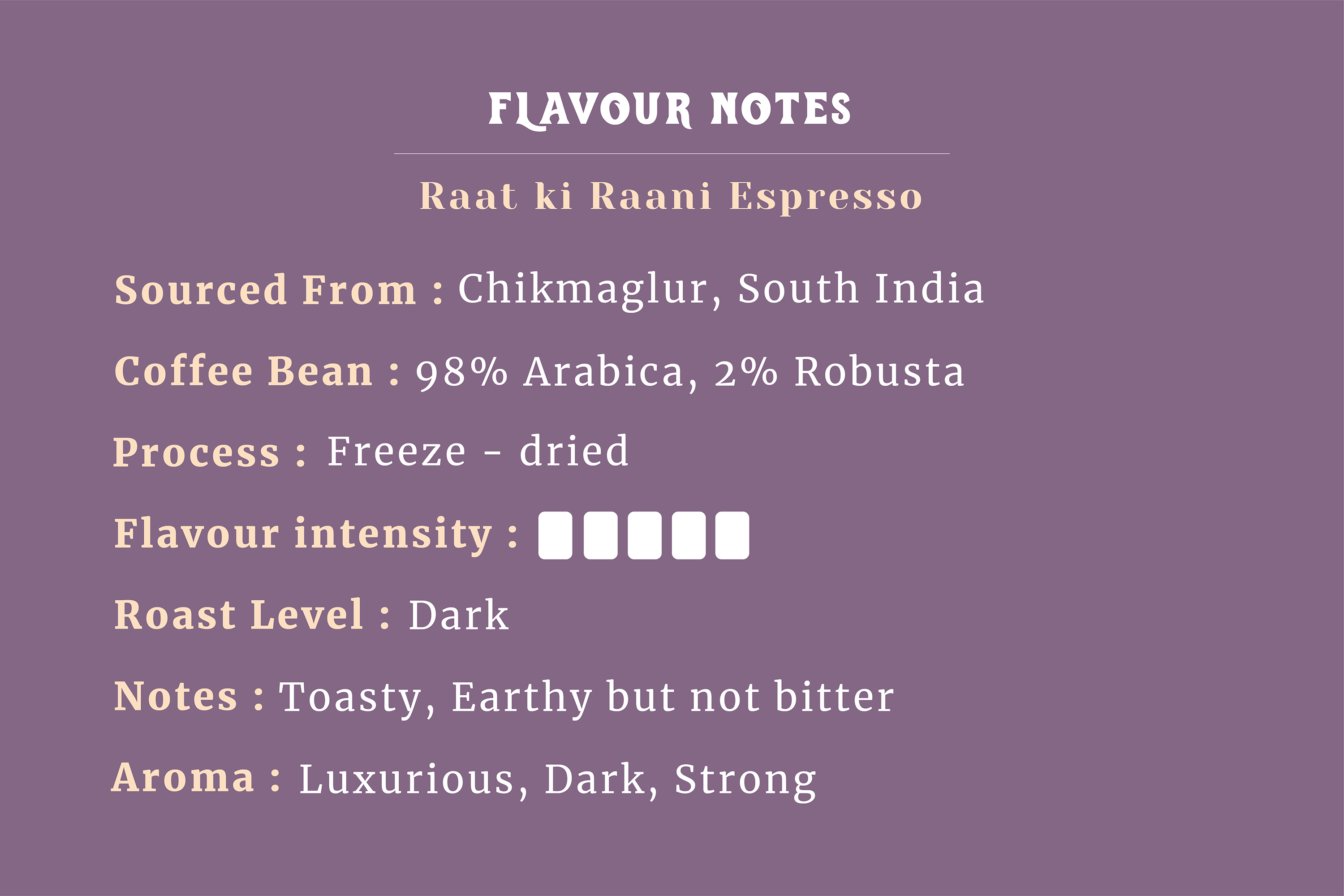 Raat ki Rani Espresso Instant Coffee Powder 100gms flavor notes Sourced from Chikmagalur, South India, featuring 98% Arabica beans, dark roast level, and toasty, earthy but not bitter aroma.