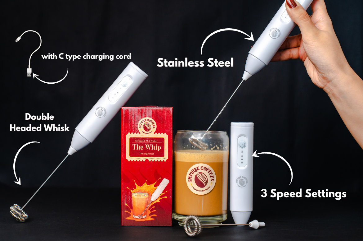 Inpulse Coffees Stainless steel handheld frother with features highlighted on a black background