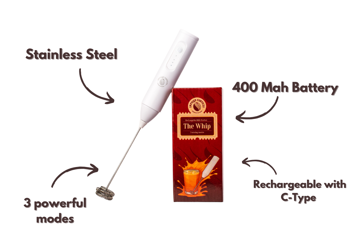 White handheld device with packaging labeled 'The Whip' on a white background, highlighting features like stainless steel construction, 400mAh battery, and rechargeability.