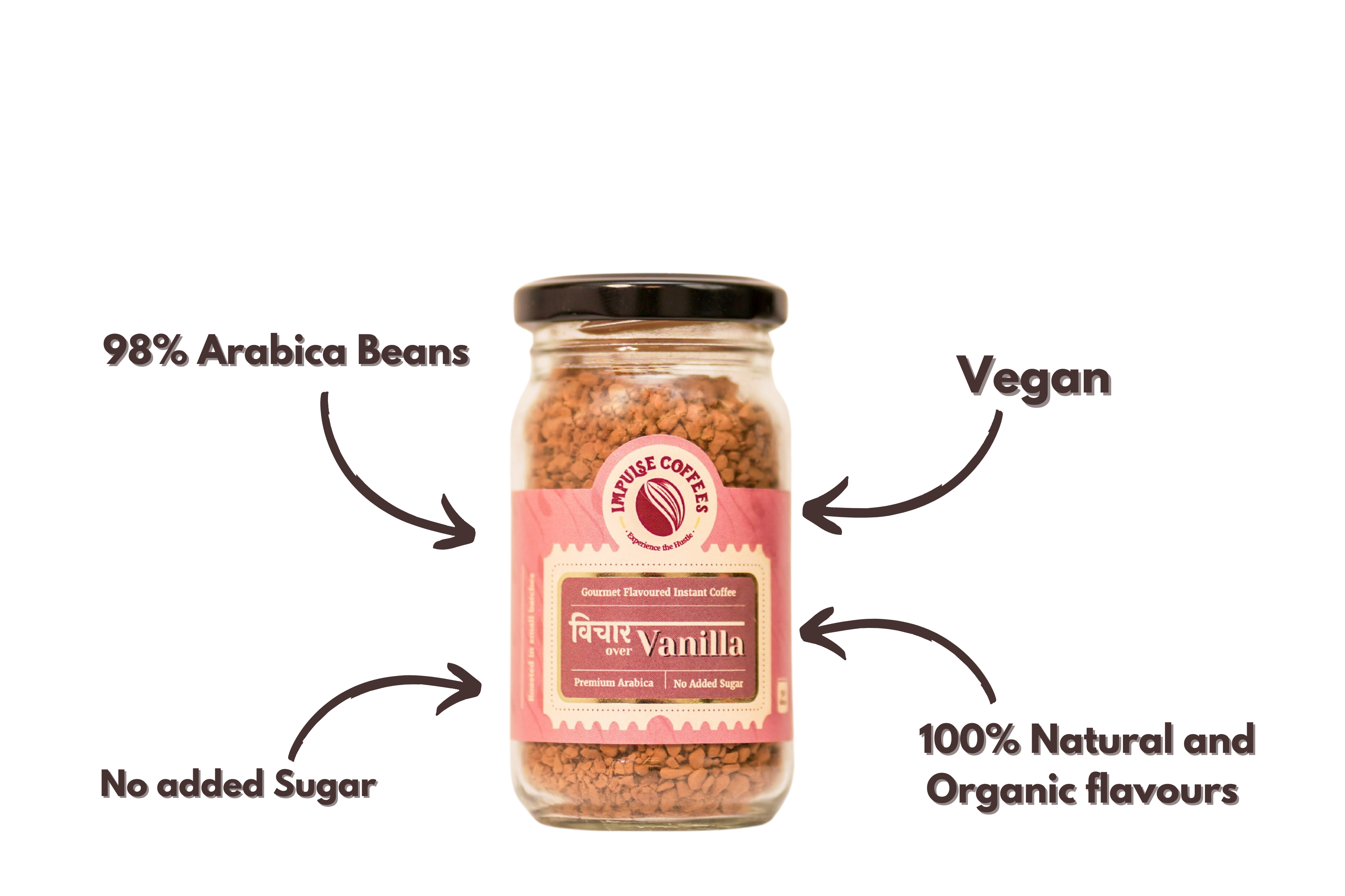 50gms of Vichaar Over Vanilla Coffee Jar with labels indicating 98% Arabica beans, vegan, no added sugar, and 100% natural and organic flavours.