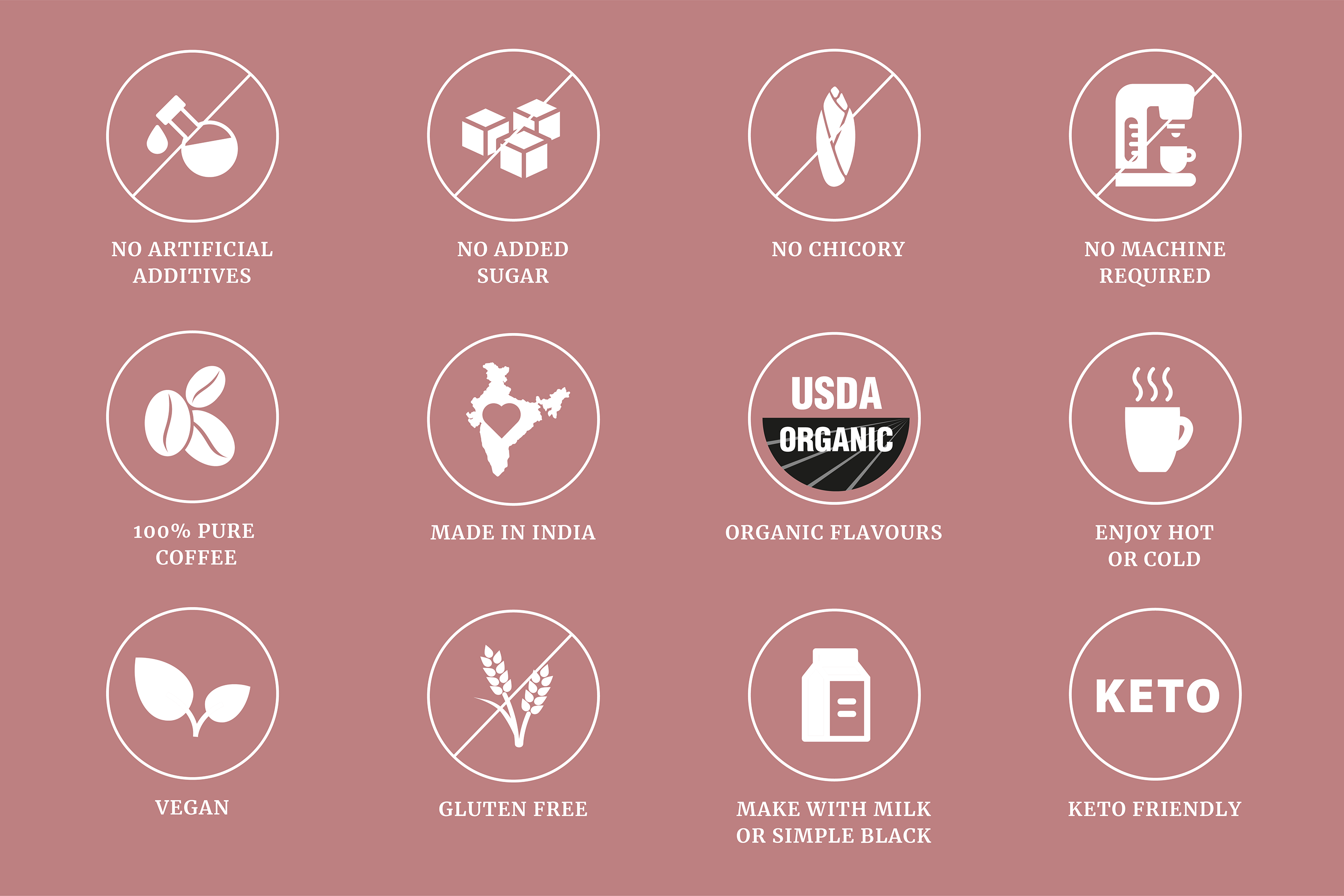 Vichaar over vanilla 50g Premium Instant Coffee product features No artificial additives, no added sugar, organic flavors, keto-friendly, vegan, and gluten-free.
